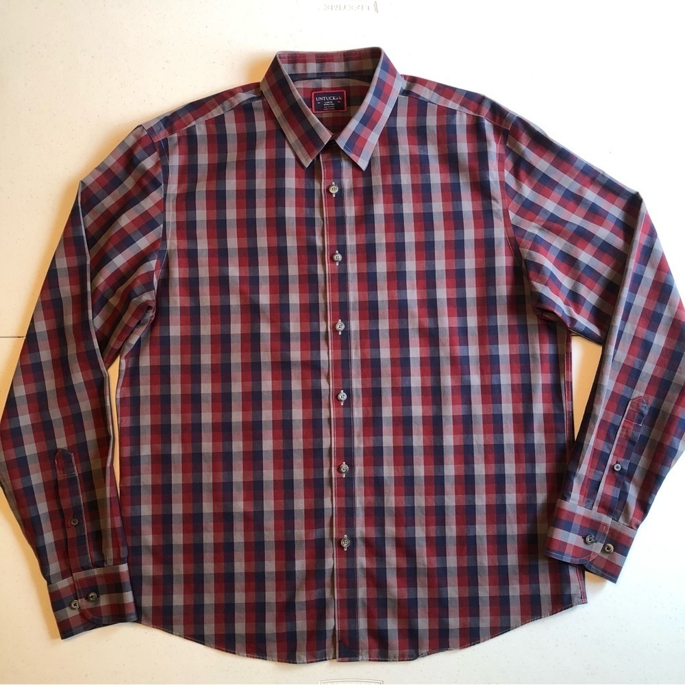 Untuckit Men’s Wrinkle Free Red & Blue Plaid Long Sleeve Dress Shirt Size L
